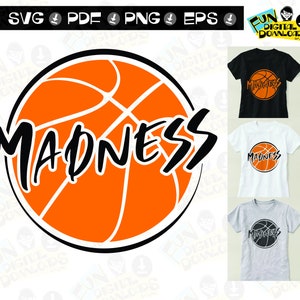 May include: A black and orange basketball with the word "MADNESS" written in black across the center. The basketball is surrounded by a black circle.