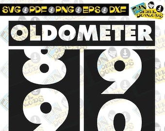 May include: Black and white graphic design with the text "OLDOMETER" and the numbers "89" in large white font.