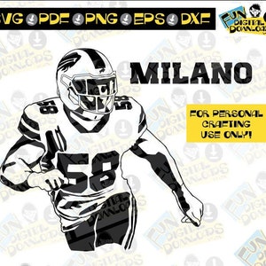 May include: Black and white silhouette of a football player wearing a jersey with the number 58. The player is running with the ball. The text "MILANO" is above the player and the text "FOR PERSONAL CRAFTING USE ONLY!" is below the player.