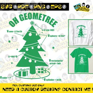 May include: A green Christmas tree with ornaments and geometric shapes. The tree is decorated with geometric shapes and formulas, including a cone, sphere, cylinder, rectangular prism, and cube. The text "Oh Geometre" is at the top of the image. The text "For Crafting Use Only" is at the bottom of the image.