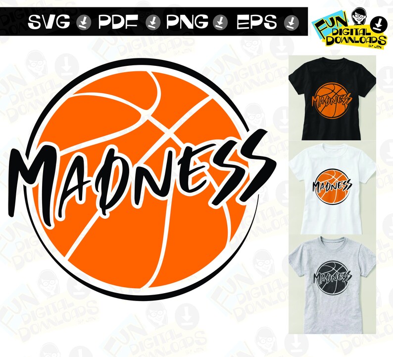 May include: A black and orange basketball with the word "MADNESS" written in black across the center. The basketball is surrounded by a black circle.