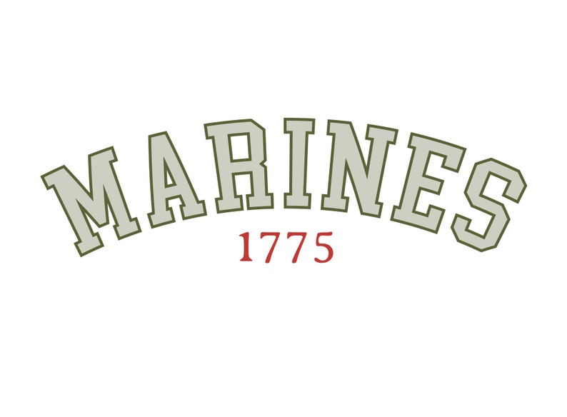 K&ouml;nnte beinhalten: Ein gr&uuml;nes und wei&szlig;es Logo mit dem Wort "MARINES" in gro&szlig;er, fetter Schrift. Das Jahr "1775" ist in Rot unter dem Wort "MARINES" geschrieben.