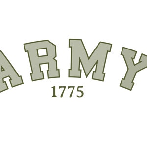 K&ouml;nnte beinhalten: Ein gr&uuml;nes und wei&szlig;es Logo mit dem Wort "ARMY" in einer fetten, gew&ouml;lbten Schrift. Das Jahr "1775" steht unter dem Wort "ARMY".