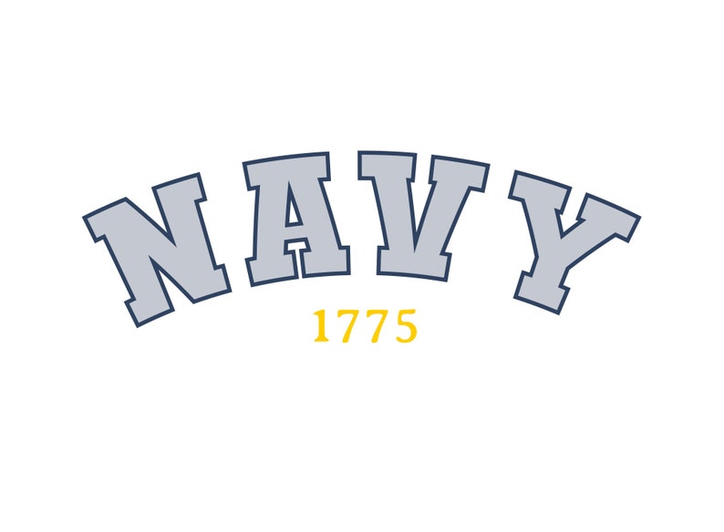 K&ouml;nnte beinhalten: Marineblauer und grauer Text mit dem Wort "NAVY" in gro&szlig;er, fetter Schrift. Das Jahr "1775" ist in Gelb unter dem Wort "NAVY" geschrieben.