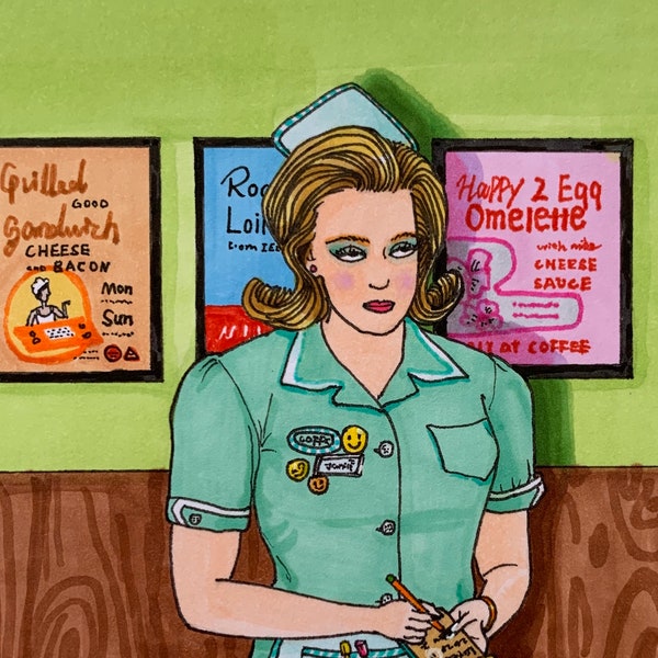 I Wish I Were Dead - Original Artwork | Working Mood | 80s | Waitress | Mini Painting | Gift For Her