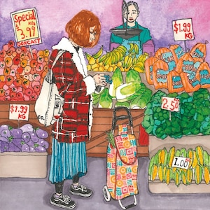 May include: A woman in a red and black plaid coat shops for produce at a market. She is holding a white tote bag and a small shopping cart filled with groceries. The market has a variety of fruits and vegetables on display, including tomatoes, eggplant, bananas, and corn. There are signs with prices for the produce, including "Special 3.99 DONCAST" and "$1.99 KG".