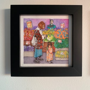 May include: A watercolor painting of a woman shopping for produce at a market. She is wearing a plaid shirt and holding a bag of groceries. The produce includes apples, bananas, eggplant, and green leafy vegetables. The price signs read "Special $3.99/KG", "$1.39/KG", "$1.39/KG", "2.50", and "1.00".