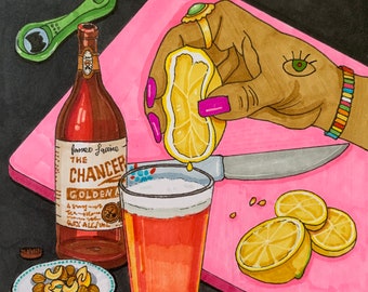 Beer with Lemon - Illustration Print | Beer Lover | Bar Decor | Kitchen Wall Art | Kitchen Decor | Food Illustration