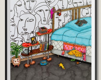 May include: A blue bed with a white and pink canopy, a dog sleeping inside, and a bookshelf with books and a photo frame. The wall behind the bed is decorated with black line drawings of faces.