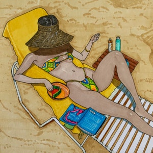 Sunbathing - Illustration Print. Mini Painting, Beach Art, Self Love art, Fashion Wall Art, Gift for Sexy Girl