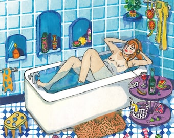 Momento feliz - Decoración para el autocuidado / Regalo para ella / Ilustración de baño relajante / Arte para la pared del baño