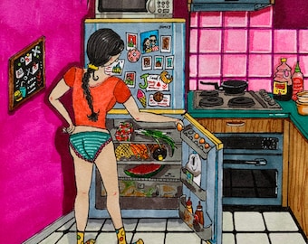 My Tiny Kitchen - Illustration Print. Pink Kitchen Wall Art, Pink Love Art, Self Care Art, Mini Painting, Bright Art Print