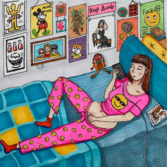 Naughty Girl Illustration Print. Mini Painting Bedroom Wall Etsy