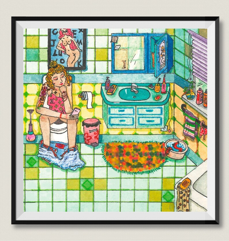 May include: Watercolor illustration of a bathroom scene. A person is seated on a toilet, looking at a phone. The bathroom features a sink, mirror, and colorful tile. A poster with text and a nude figure hangs on the wall.