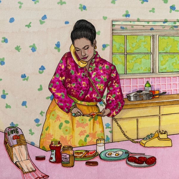 Buzz Me Later - Illustration Print | Mom Prepare Breakfast and Take Care Family | Breakfast Art | Vintage Flowers Kitchen Art | Gift For Mom