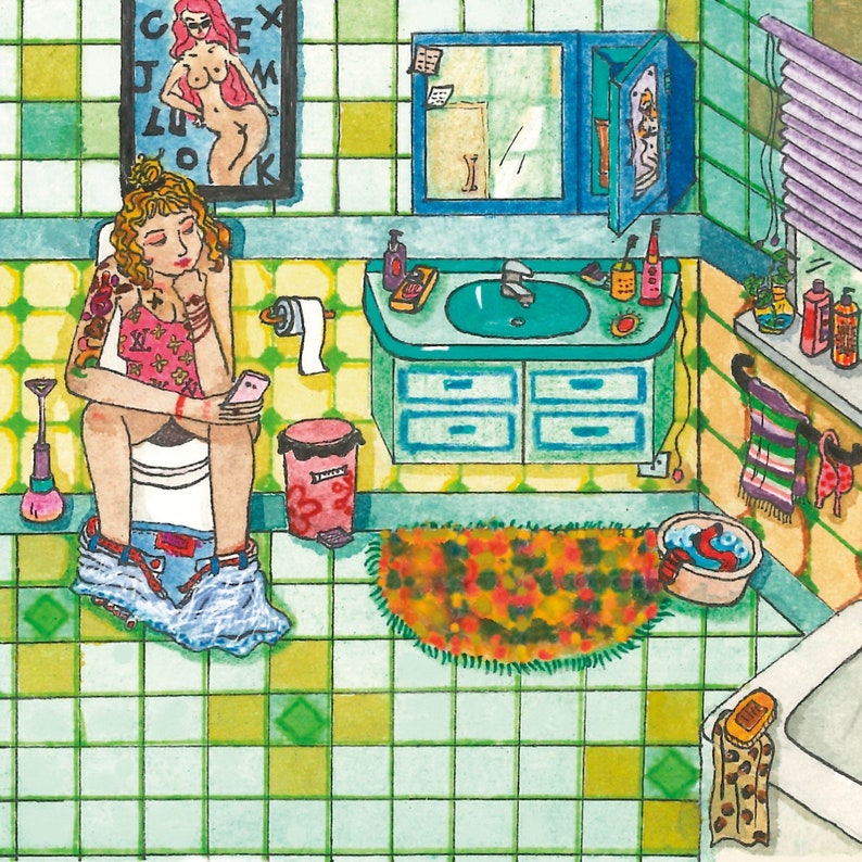 May include: Watercolor illustration of a bathroom scene. A person is sitting on a toilet, looking at a phone. The bathroom has a sink, mirror, and a trash can. A poster with text is on the wall. The floor is tiled.