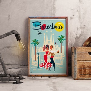 Póster turístico de Barcelona, España / Ilustración de mediados de siglo I / Póster turístico / Arte imprimible / Descarga digital / Arte mural / Decoración del hogar