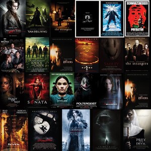 以下が含まれることがあります： ホラー映画のポスターのコラージュ。ポスターはグリッドパターンで配置されており、「ストレンジャーズ」、「プレデター」、「ザ・オーザーズ」、「ポルターガイスト」、「スリーピー・ホロウ」、「アンダーワールド」などのタイトルが含まれています。