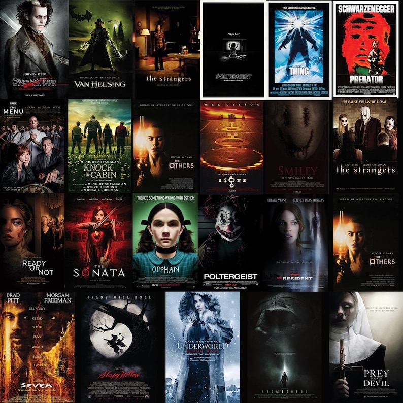 以下が含まれることがあります： ホラー映画のポスターのコラージュ。ポスターはグリッドパターンで配置されており、「ストレンジャーズ」、「プレデター」、「ザ・オーザーズ」、「ポルターガイスト」、「スリーピー・ホロウ」、「アンダーワールド」などのタイトルが含まれています。