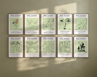 Picasso Lime Cream Exhibition Wall Art | 13 Lithograph Line Art Poster Prints Bundle | Picasso Printable Line Art | Picasso&#39;s Lithographs