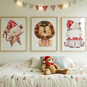 Weihnachten Kinderzimmer druckbare Wandkunst, süße Safari Tiere Kinderzimmer Drucke, süße Weihnachtskarten, Urlaub digitale Kunst, sofortiger Download