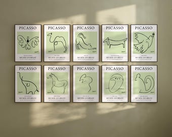 Picasso Lime Cream Exhibition Wall Art | 13 Animal Line Art Poster Prints Bundle | Picasso Printable Line Art | Picasso&#39;s One Line Sketches