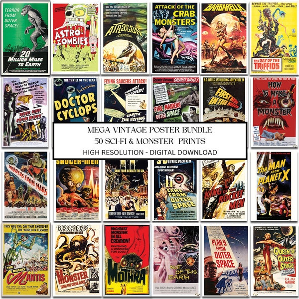 Sci-Fi Monster Horror Movie Posters | 50 Vintage Retro Movie Collectors Bundle |  Sci-Fi Monster Poster Reproductions | Instant Download