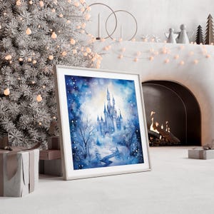 Art mural imprimable carré de Noël au pays des merveilles d'hiver, impressions de scènes de neige, cartes de Noël, art numérique des fêtes, lot d'impressions de Noël bleu