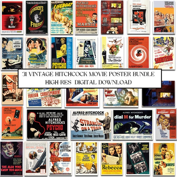 Paquete de carteles de películas de Hitchcock / 31 impresiones de carteles vintage / Coleccionistas de películas de suspenso y misterio retro / Arte de pared imprimible / Nostalgia de películas