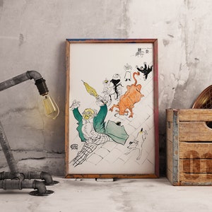Può includere: Una lampada in stile industriale a tubo nero e grigio con una lampadina su una superficie bianca. Dietro la lampada, una cornice con un'illustrazione in bianco e nero di un uomo con un cappotto verde e un animale rosso con una lunga coda.