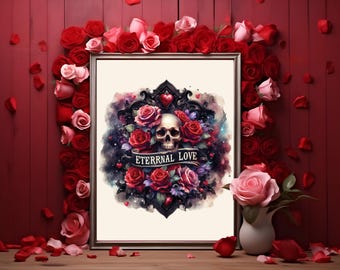 Puede incluir: Una impresión enmarcada con una ilustración de acuarela de una calavera rodeada de rosas rojas, rosas y violetas. La calavera tiene un corazón en su cuenca del ojo y el texto "Eternal Love" está escrito en una pancarta debajo de la calavera.