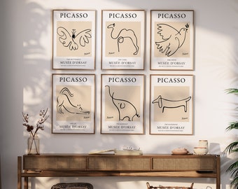Picasso Exhibition Wall Art,15 Animal Line Art Poster Prints Bundle,Boho Decor,Printable Art,Picasso&#39;s Line Art,Picasso&#39;s One Line Sketches