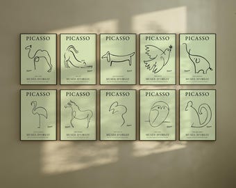 Picasso Lime Cream Exhibition Wall Art | 13 Animal Line Art Poster Prints Bundle II Picasso Printable Line Art | Picasso&#39;s  Sketches
