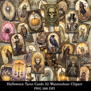 Pacchetto di carte dei tarocchi di Halloween / 32 carte dei tarocchi digitali ad acquerello / Arte steampunk / Arte gotica / Stampabile / Download immediato