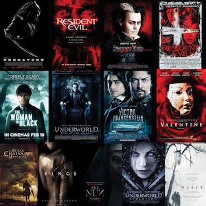 以下が含まれることがあります： ホラーとスリラー映画の映画ポスターのコラージュ。ポスターには、「プレデター」、「バイオハザード」、「スウィーニー・トッド」、「黒衣の女」、「アンダーワールド」、「フランケンシュタインの怪物」、「バレンタイン」、「テキサス・チェーンソー・マサカー」、「リング」、「ザ・ナット」、「アンダーワールド・エボリューション」、「ザ・ビジット」などのタイトルが記載されています。