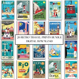 Retro Vintage Reise Poster Bündel | 20 Mid-Century Reisedrucke | Comic Illustration | Mid-Century Wandkunst | Travel Print Sammler