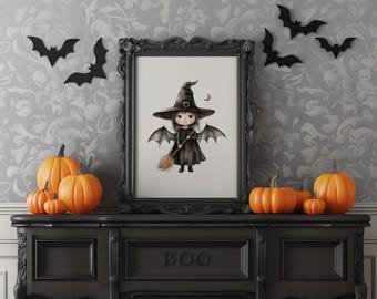 Impresión de bruja de Halloween / Decoración de acuarela para habitación infantil (Descarga digital)