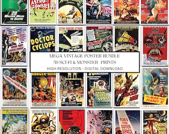 Sci-Fi Monster Horror Movie Posters | 65 Vintage Retro Movie Collectors Bundle |  Sci-Fi Monster Poster Reproductions | Instant Download