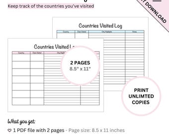 Printable Countries Visited Log Sheet to Track Your Travel History and City Highlights