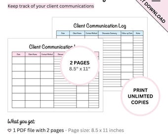 Printable Client Communication Log Sheet to Track Client Contact and Follow-ups for Small Businesses