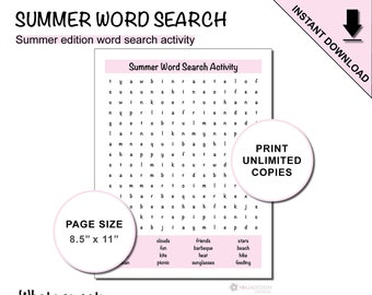 Printable Summer Word Search Puzzle Activity for Kids