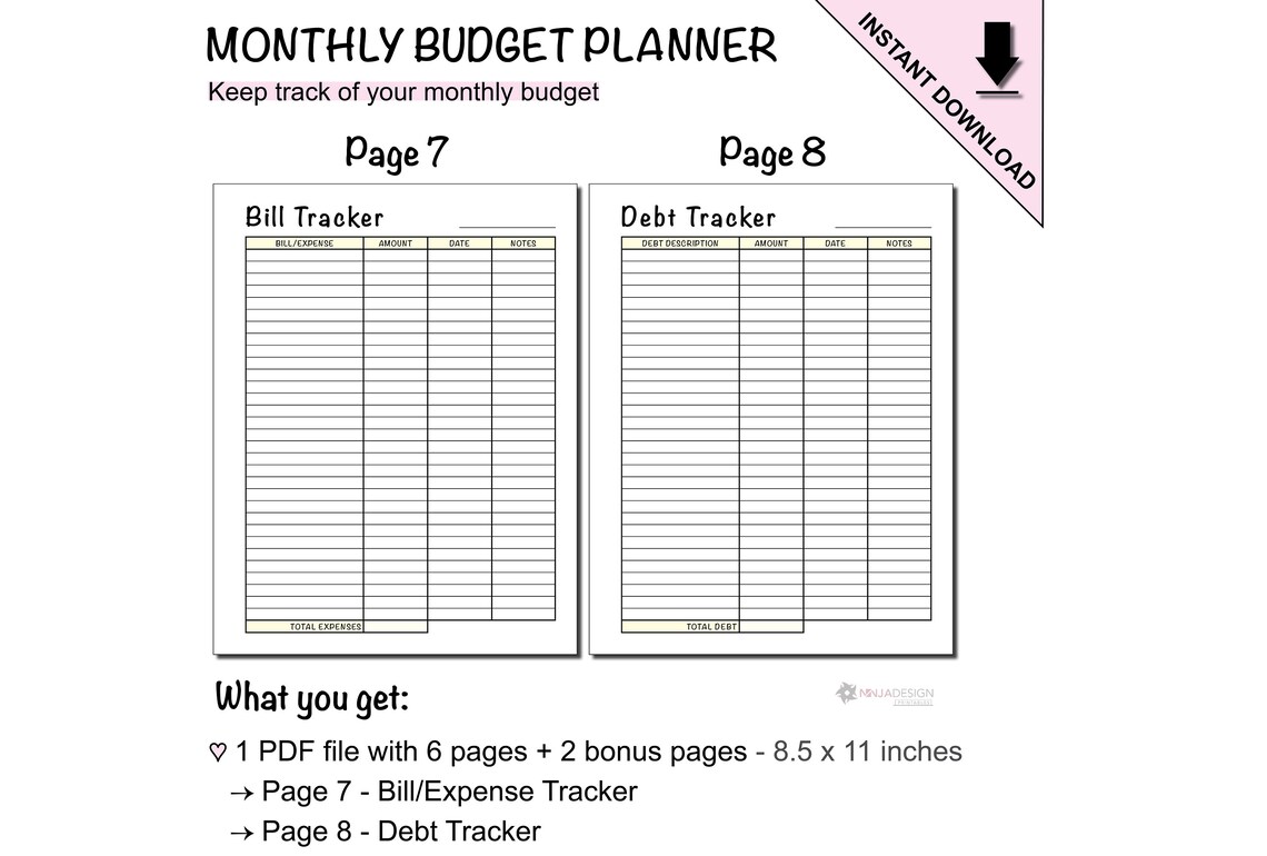Printable Monthly Budget Planner With a Blank Monthly Calendar to Log ...
