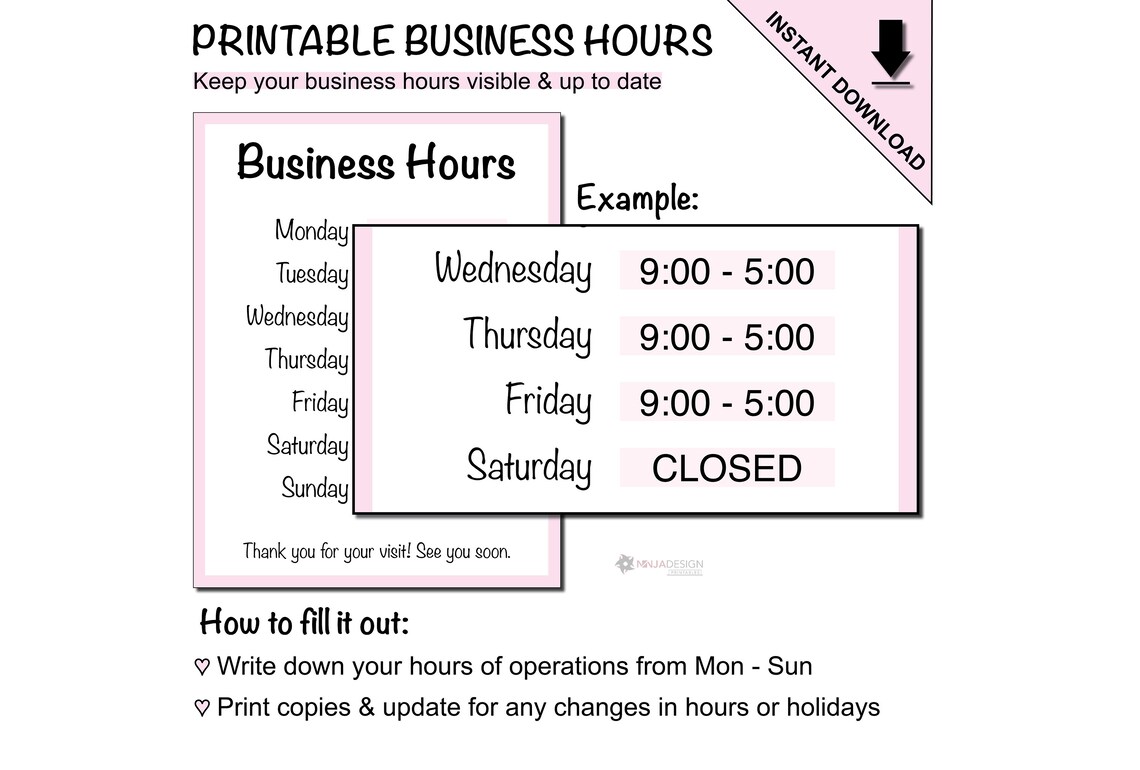 Printable Business Hours of Operation Sign to Display Custom Business ...