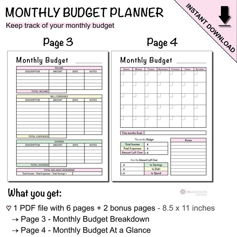 Printable Monthly Budget Planner With a Blank Monthly Calendar to Log
