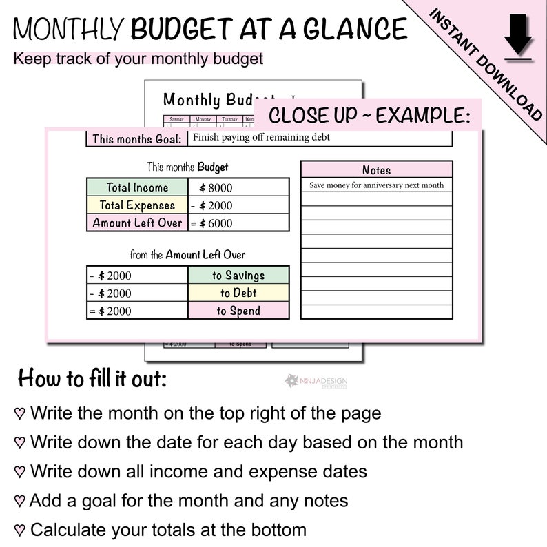 Printable Monthly Budget at A Glance With A Blank Monthly - Etsy