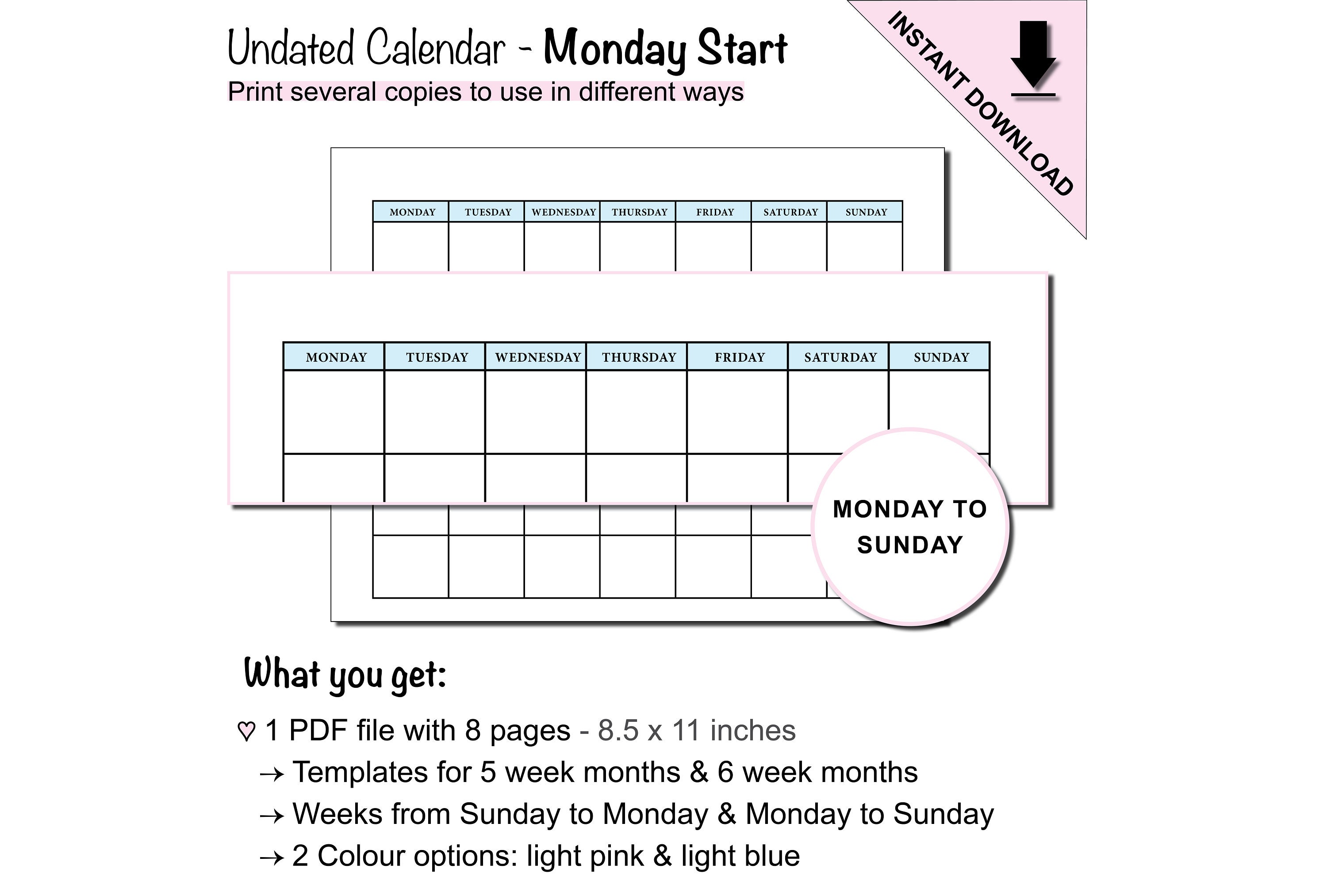Printable Undated Monthly Calendar With 5 Week Months and 6 Week Months ...