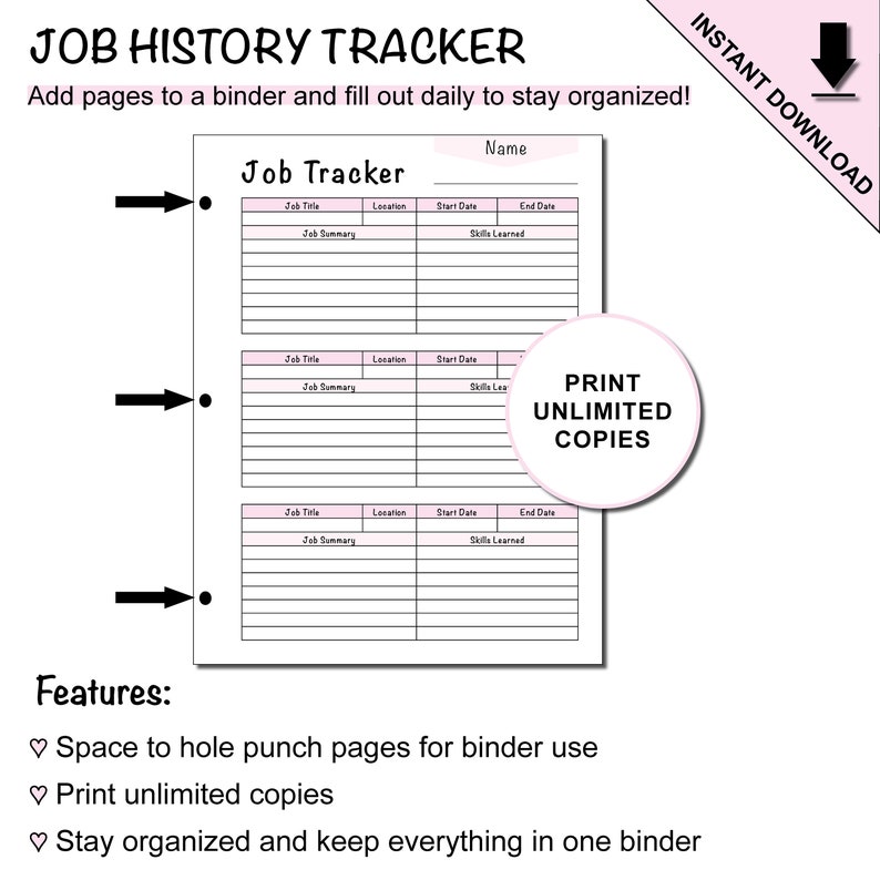 Printable Job History Tracker to Track Work Employment History (Instant ...