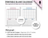 Printable Blank Calendar Planner Pages with Notes & To-Do List with Checkboxes | Blank Calendar Template Sheet