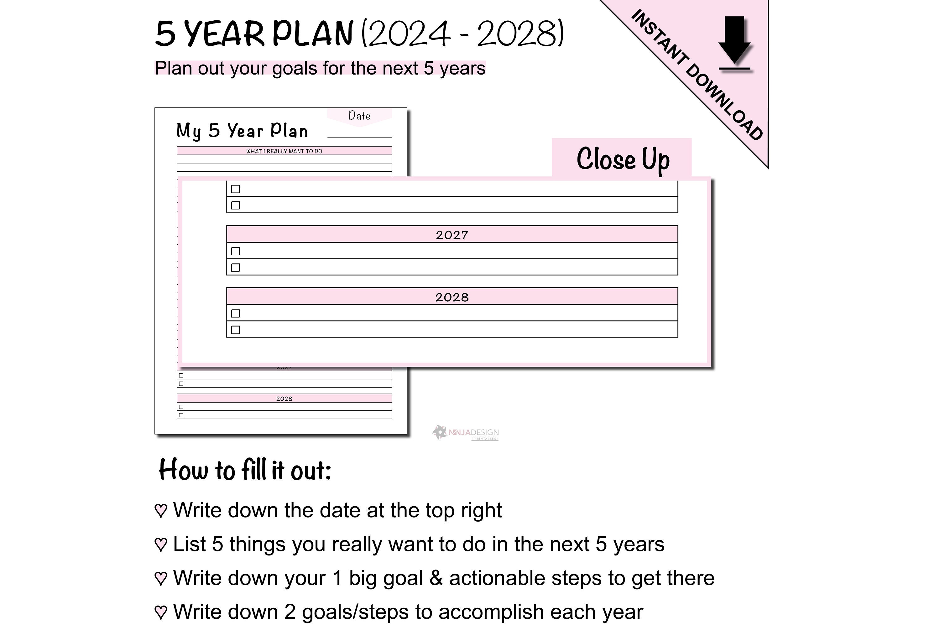 Printable 5 Year Goal Planning Template for 2024 to 2028 Plus Blank ...