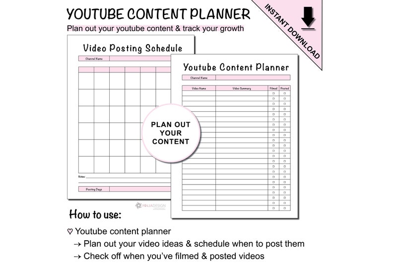 Youtube Content Planner and Youtube Growth Tracker Printable